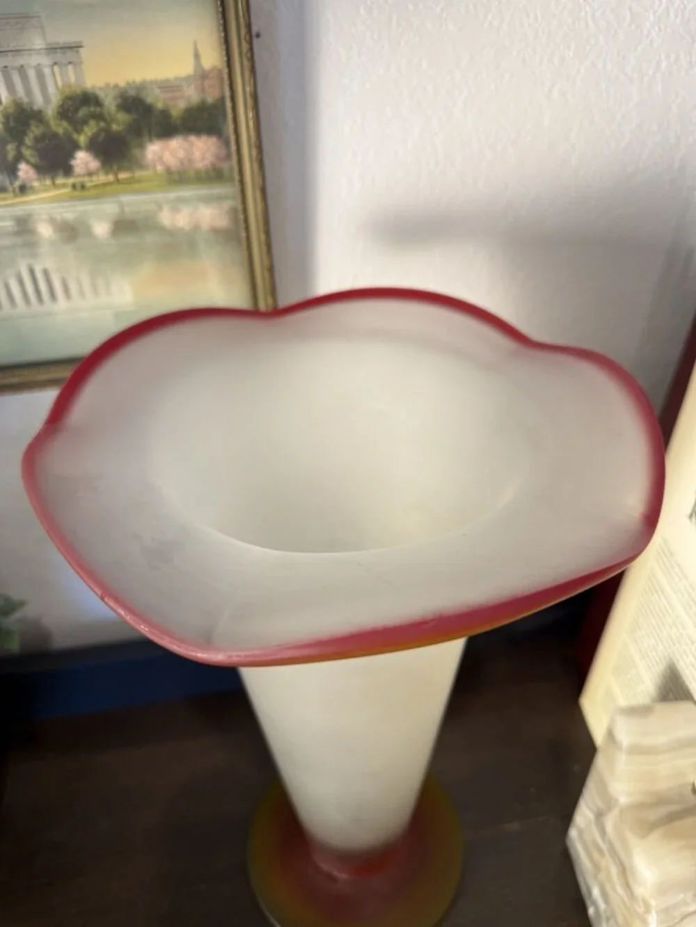 Vintage Mid-Century Art Glass Handkerchief Vase – Frosted White Red Amber – 11”